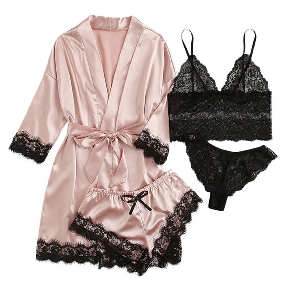 2/$30 4 Pc Set Pink Pajama Lace Trim Robe Shorts Bra and Panties Loungewear Pj - Picture 1 of 7